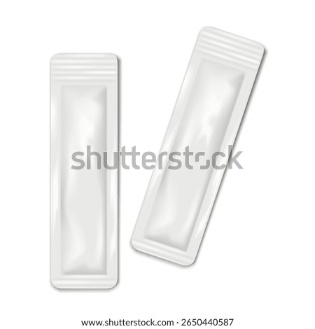 Blank white four-side seal long sachet pouch. Realistic vector mock-up. Stick pack plastic bag. 3d mockup. Food, medical product single dose, cosmetics sample individual package. Template for design