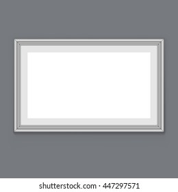 Quadro branco em branco suspenso no modelo de vetor de parede cinza.