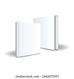 Blank white front-back standing hardcover book mockup template. Isolated on white background with shadow. Ready to use for your business. Vector illustration.