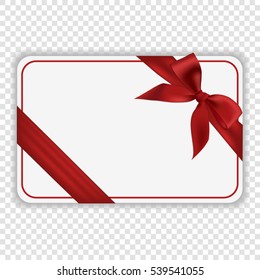 Blank white gift card template with red ribbon and a bow, vector illustration.