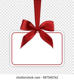Blank white gift card template with red ribbon and a bow, vector illustration.