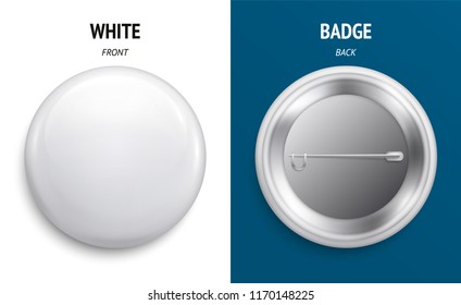 Blank White Glossy Badge Or Button. 3d Render. Round Plastic Pin, Emblem, Volunteer Label. Front And Back Side. Vector.