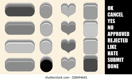 Blank and white, grayscale isolated objects. Charcoal pencil brush stroke outline effect flat design button icon set in different shapes. Approved, rejected, like, hate, submit text label elements