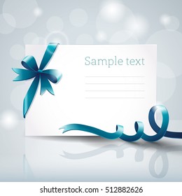 Blank white greeting cardboard with blue ribbon bow and text field on glassy grey background with lights and bokeh flat vector illustration