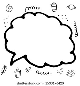 Blank white hand draw speech bubbles set with black frame line isolated on bakery elements background. Text template for banners, poster, advertising. Think cloud template for restaurant.