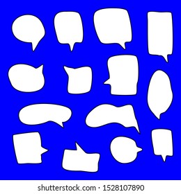 blank white hand drawn cartoon doodle speech bubble set isolated on blue background. vector illustration