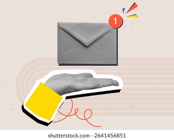 Blank and white hand holding an envelope with a unread message notification. Modern collage style. Vector illustration