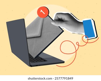 Blank and white hand takes out an envelope with a notification of an unread message from an open laptop.  Modern collage style. Vector illustration