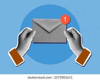 Blank and white hands holding an envelope with a unread message notification. Modern collage style. Vector illustration