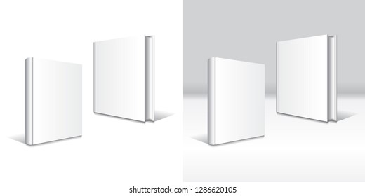 Blank white hardcover book mockup template 2 types front side. Isolated on white background and gray background with shadow. Ready to use for your business. Vector illustration.