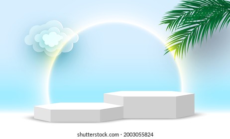 Blank white hexagonal podium with palm leaves and cloud. Pedestal. Cosmetic products display platform. 3d render stage. Vector illustration.