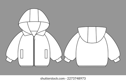 Blank White Hooded Jacket For Children Template On Gray Background.Front and Back View, Vector File