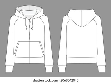 Blank White Hooded Jacket With Double Pockets Template On Gray Background. Front and Back Views, Vector File