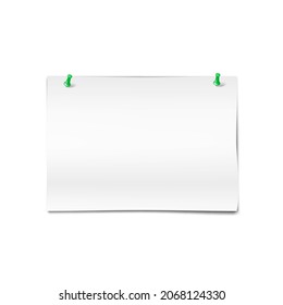 Hoja de papel horizontal blanca en blanco con dos pines pulsados - maqueta. Nota importante con chupitos. Pegatinas memo, recordatorio - paro vectorial