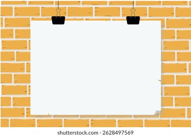 Blank white horizontal poster mockup on brown brick wall background. Hanging blank, white poster