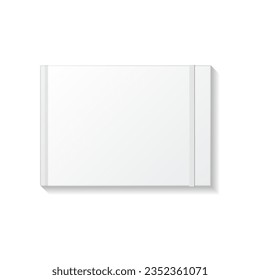 Blank white horizontal rectangle book, notebook or magazine white elastic top view mockup template. Isolated on white background. Ready to use for your business. Realistic vector illustration.