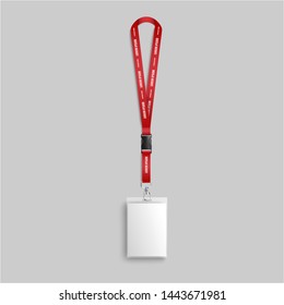 Blank white identity card lanyard hanging on red neck strap with text template, realistic mockup of name and photo identification badge isolated on grey background, vector illustration