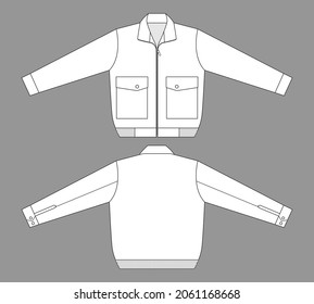 Blank White Jacket With Big Pocket and Elastic Hem Template Vector on Gray Backgrpund.Front and Back View.