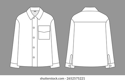 Blank White Jacket with One Pocket, Buttons Down Template on Gray Background. Front and Back Views, Vector File