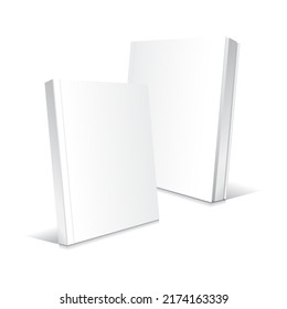 Blank white lean standing and slightly open softcover thin books or magazines mockup template. Isolated on white background with shadow. Ready to use for your business. Realistic vector illustration.