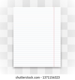 Blank white lined paper on transparent background. Vector illustration.