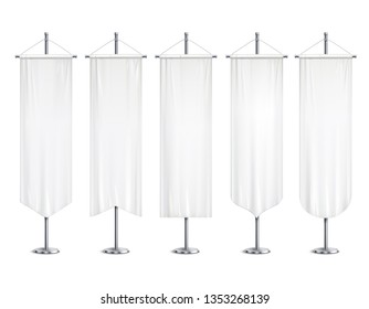 Blank white long mock up pennants flags  banners hanging on pole stand support realistic set vector illustration