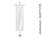 Blank white long pennant flag banner. Clean fabric canvas hanging on pole stand. Vector 3d mockup. Realistic textile vertical banner on flagpole for promotion design