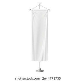 Blank white long pennant flag banner. Clean fabric canvas hanging on pole stand. Vector 3d mockup. Realistic textile vertical banner on flagpole for promotion design