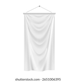 Blank of white long pennant flag banner. Clean fabric canvas hanging on strings. Vector 3d mockup. Realistic textile vertical banner for promotion design
