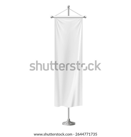 Blank white long pennant flag banner. Clean fabric canvas hanging on pole stand. Vector 3d mockup. Realistic textile vertical banner on flagpole for promotion design