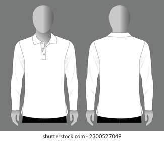 Blank White Long Sleeve Polo Shirt Template On Gray Background.Front And Back View, Vector File.