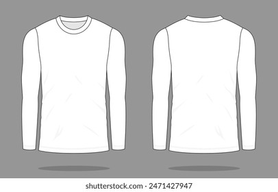 Blank White Long Sleeve T-Shirt Template on Gray Background. Front and Back Views, Vector File.