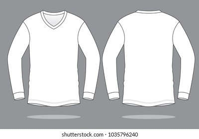 Blank White Long Sleeve V-Neck  T-Shirt Template on Gray Background Vector.Front And Back Views.