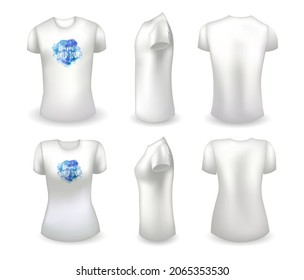 Blank white male and female t shirt realistic template and white t shirt with label. Travel world tour badge. Vector