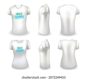 Blank white male and female t shirt realistic template and white t shirt with label. Hello summer badge. Vector