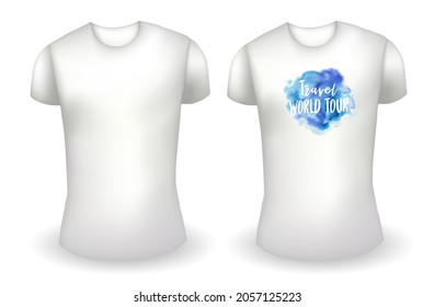Blank white male t shirt realistic template and white t shirt with label. Travel world tour badge. Vector