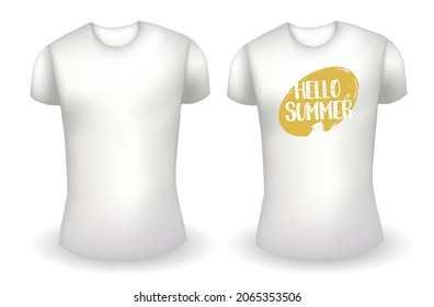 Blank white male t shirt realistic template and white t shirt with label. Hello summer badge. Vector