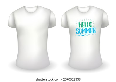 Blank white male t shirt realistic template and white t shirt with label. Hello summer badge. Vector illustration