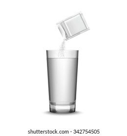 Blank white medicine packaging and glass of water realistic vector illustration 