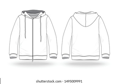 Blank white men Sleeve Hooded Top Hoodie Sweatshirt Drawstring Pullover Jumper  Template front and back view