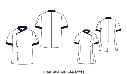 Blank White Men's And Women's Chef Coat Template,front And Back Views.Vector Illustration 