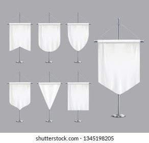 Blank white mock up pennants flags tapering banners on pole stand support pedestal realistic set vector illustration