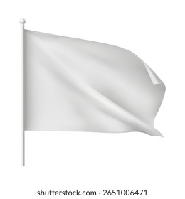 Montagem em branco em branco da bandeira flutuante no mastro. Ilustração realista do vetor 3d. Banner têxtil, outdoor. Plano de fundo isolado. Ícone. Modelo. Horizontal.