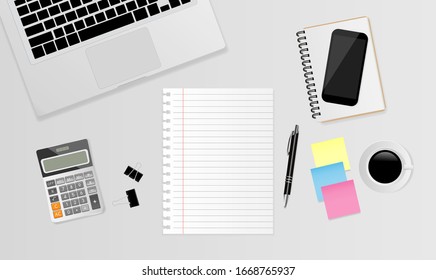 Blank white note paper with laptop,  notebook, pen, black metallic paper clips, calculator, coffee cup and smartphone on gray background. Vector illustration