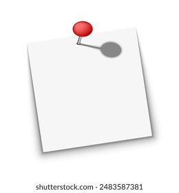 Blank white note paper mockup pinned with a metallic red pushpin, realistic vector illustration isolated white background. Perfect for reminders, memos, stories, and ad post communication templates.