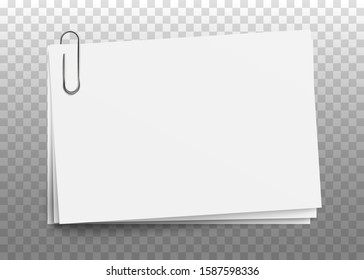 Blank white note paper sheets with clip 3d realistic vector mockup illustration isolated on transparent background. Business documents or office to do list template.