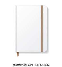 Blank white notebook with brown elastic and ribbon bookmark mockup template. Isolated on white background with shadow. Ready to use for your design or business. Vector illustration.