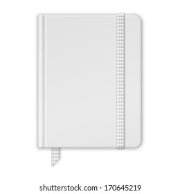 Blank White Notebook. Copybook Template With Band And Bookmark. Vector