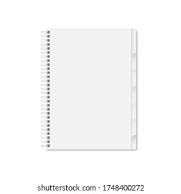 Blank white notebook cover. Vector mock up ESP 10. Vertical blank spiral copybook, organizer or diary with tab divider pages on white background.
