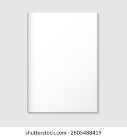 Blank white notebook mockup with staple saddle stitch binding. Vertical thin paper booklet or exercise book isolated for branding and stationery. Realistic vector illustration.
